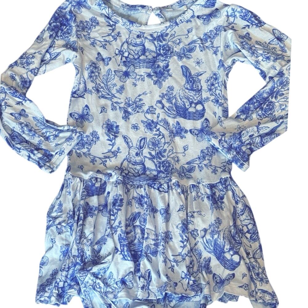 Bums & Roses Bunny Bamboo Ruffle Dress 3T Hoppy You’re Here Blue Toile - Picture 5 of 8